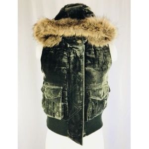 Velvet Velour Vest Faux Fur Trim Hood Dark Green